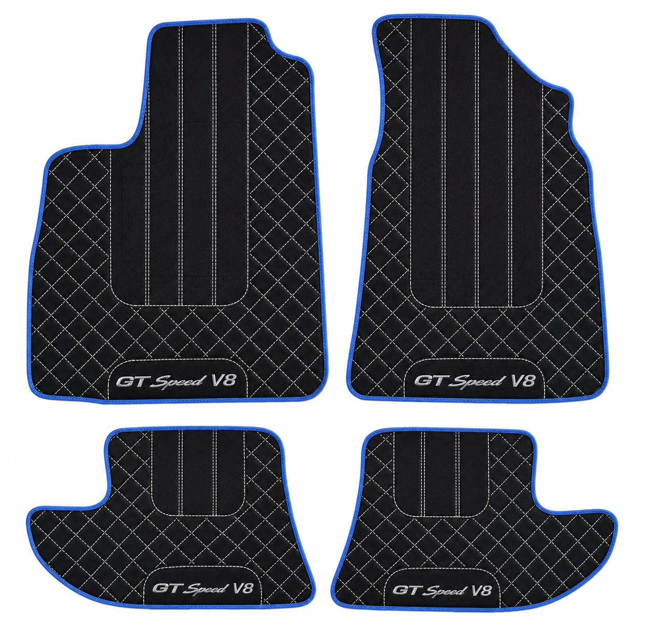 Four black car floor mats with white stitching, including two front and two rear pieces, featuring a diamond-quilted pattern and 'GT-Speed V8' text on a white background.