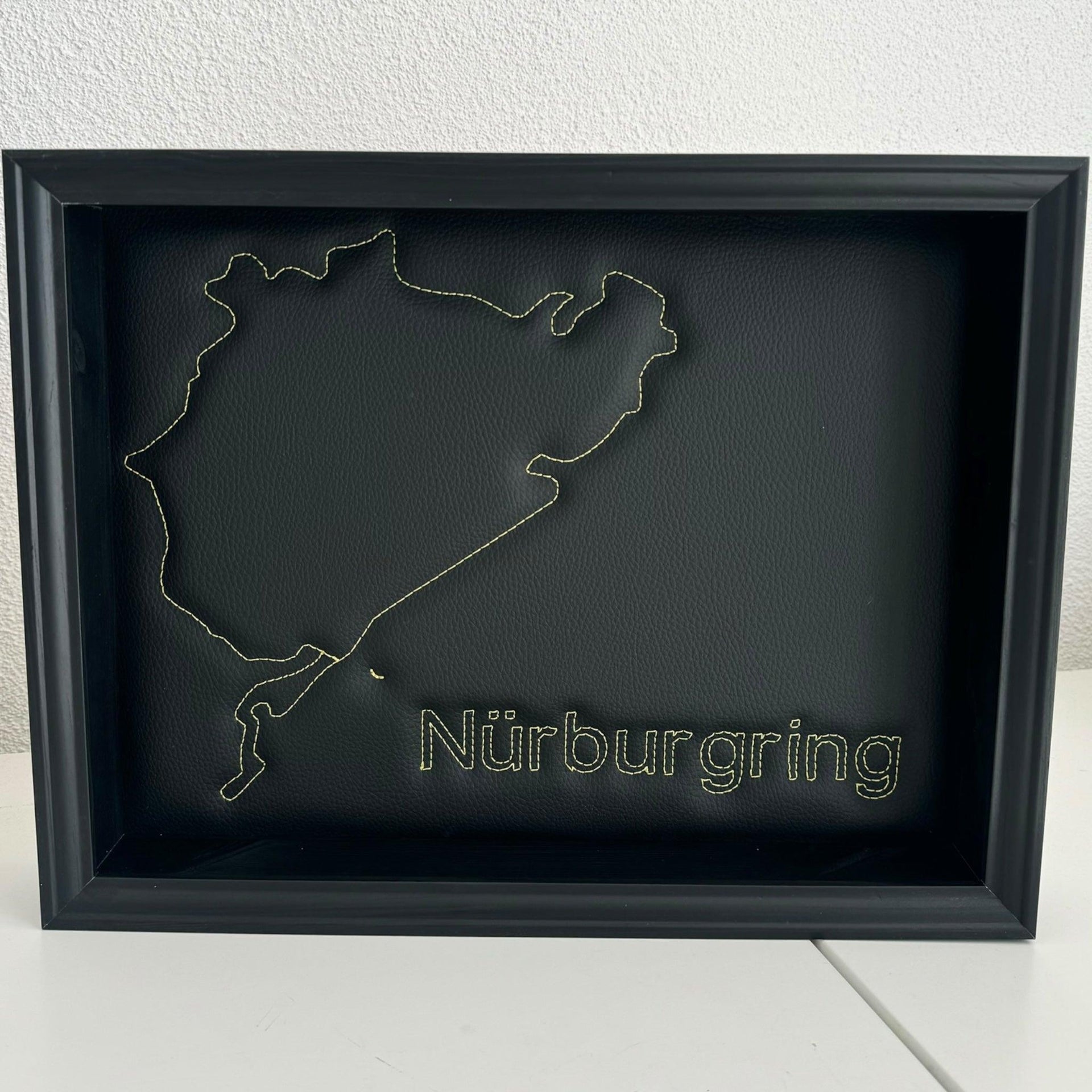 Leather Nürburgring Inspired Wall Art: Embroidered Yellow Stitch Luxury Decor - AutoWin