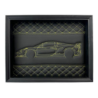 Black Leather Corvette C8 Inspired Wall Art: Embroidered Yellow Stitch - AutoWin
