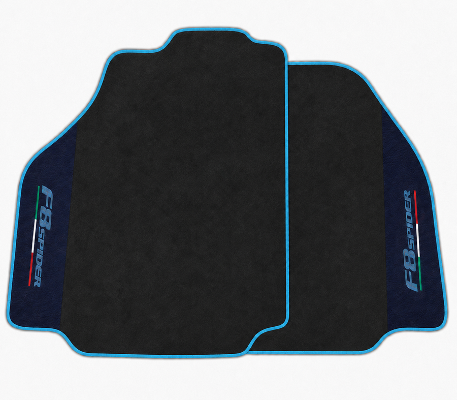 A pair of black car floor mats with a bright blue border and dark navy side panels featuring the F8 DRIVER logo, shown on a plain white background.