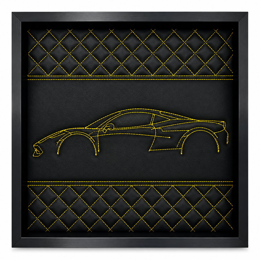 Black Leather Inspired Wall Art: Embroidered Yellow Stitch Luxury Decor