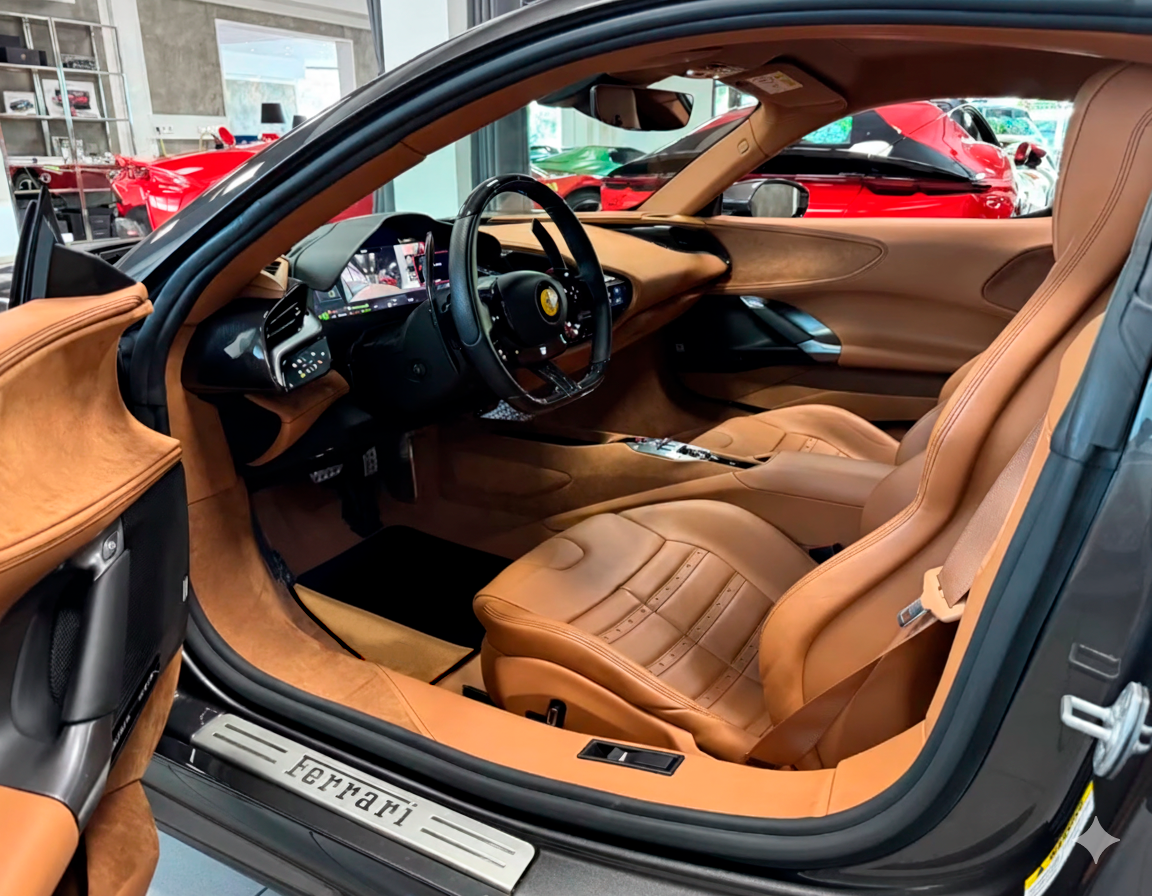 Czarne maty samochodowe do Ferrari SF90 Stradale (2019-2024) z złotą skórą