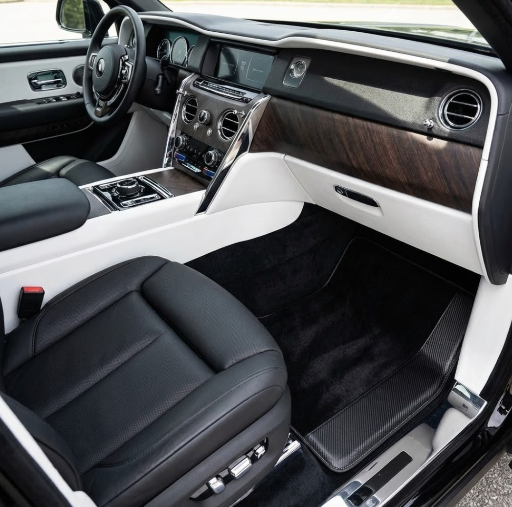 Custom Black Floor Mats for Rolls Royce Cullinan with Carbon Fiber Leather