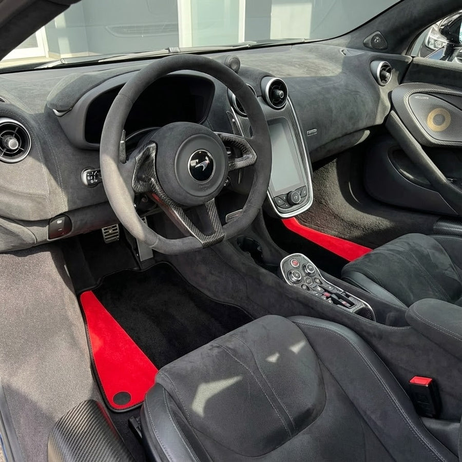 Black Floor Mats for McLaren 600 LT (2018-2020) with Red Alcantara Leather