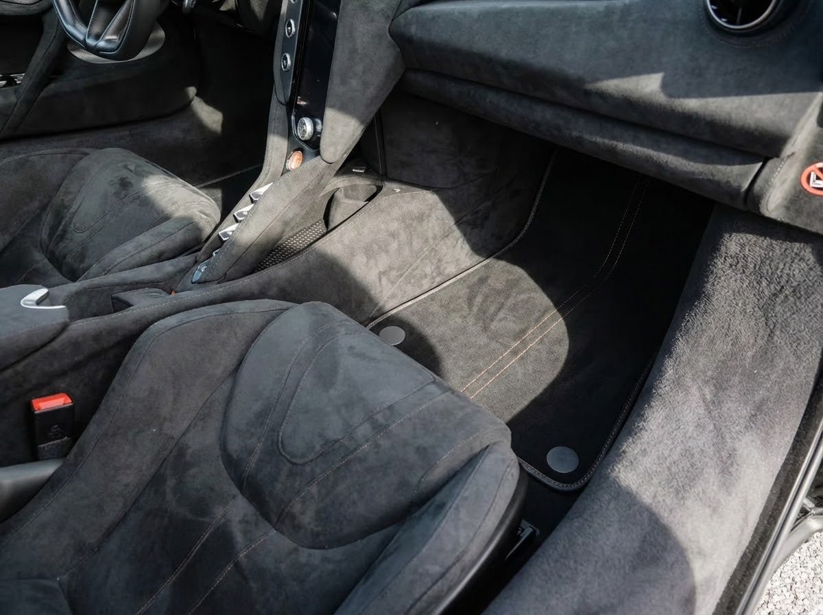 Floor Mats For McLaren 750S (2023-2025) Alcantara Black Tailored Carpets with Orange Sewing