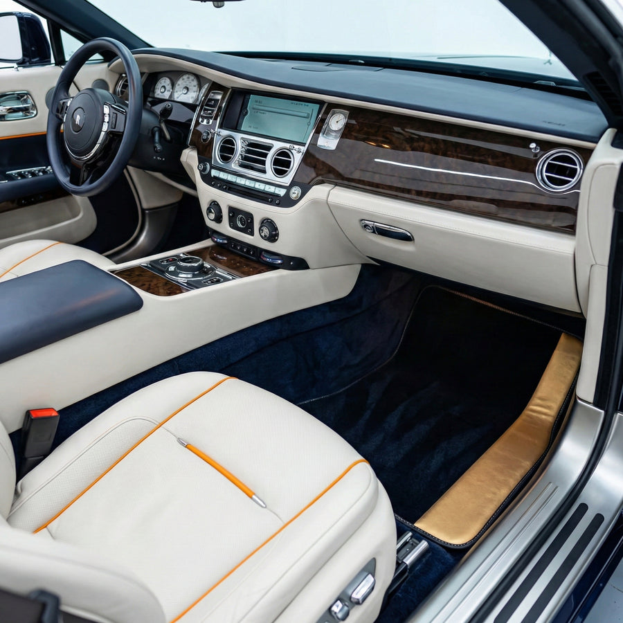 Black Floor Mats for Rolls Royce Dawn (2016-2023) with Golden Leather