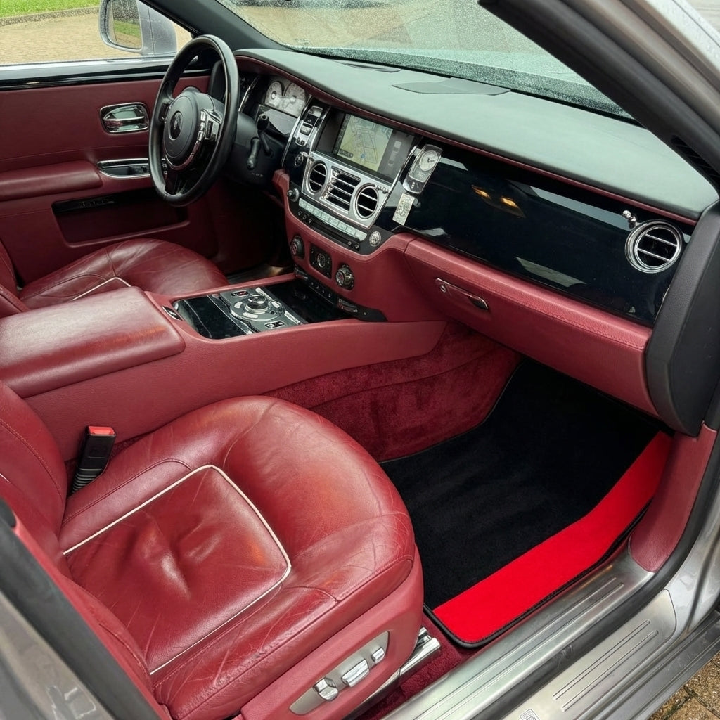 Custom Black Floor Mats for Rolls Royce Ghost Series I (2010–2020) with Red Alcantara