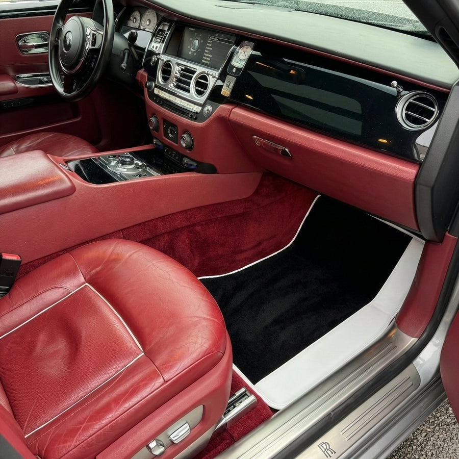 Black Floor Mats for Rolls Royce Ghost Series II (2021-2024) with White Leather | White Trim