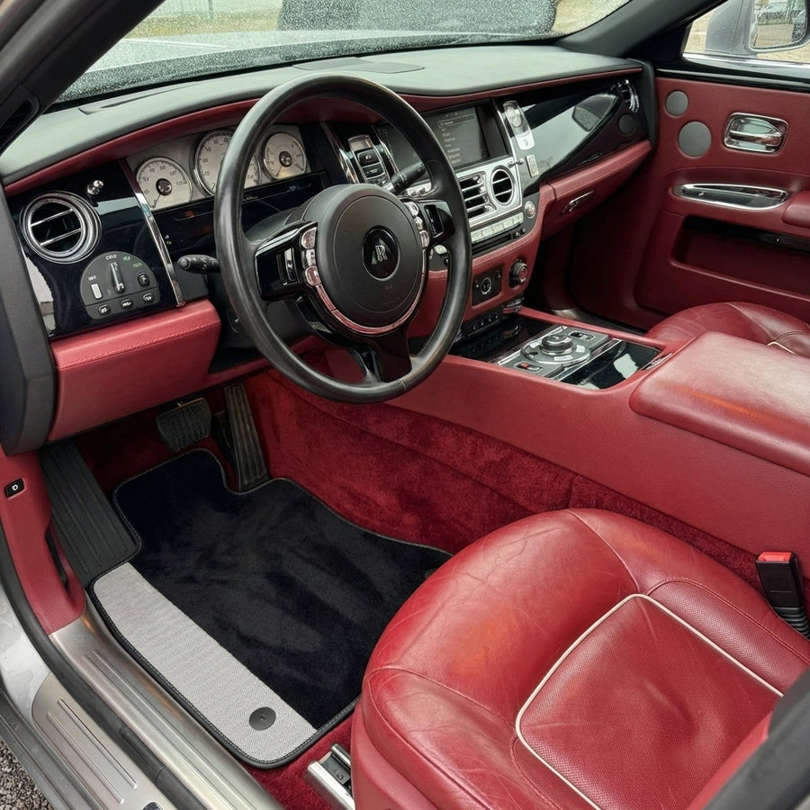 Black Floor Mats for Rolls Royce Ghost Series I 2010-2020 with Gray Leather Borders