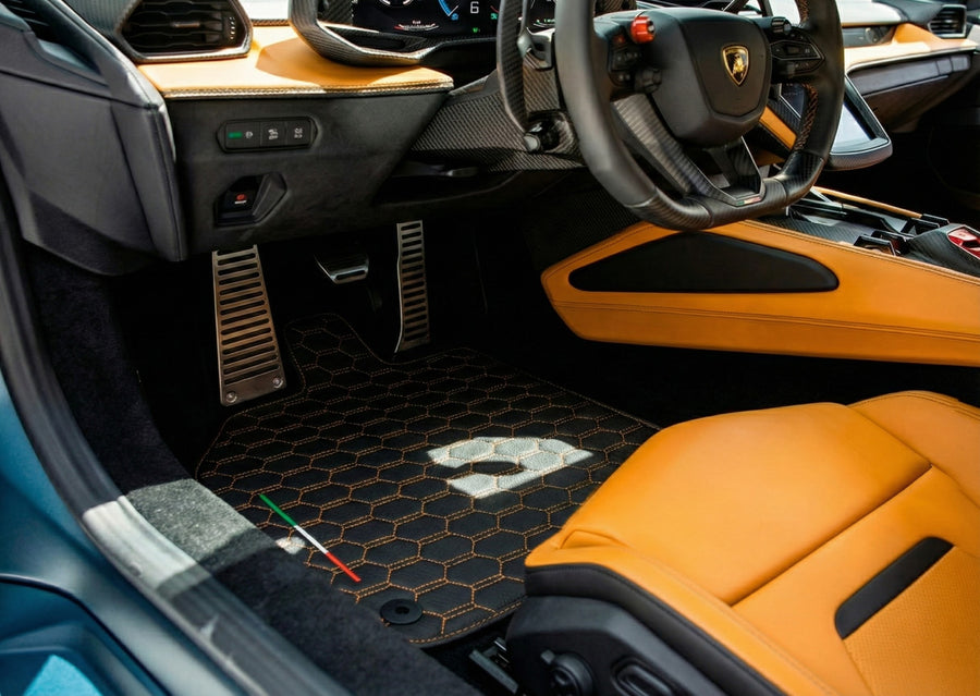 Black Leather Floor Mats for Lamborghini Temerario (2025-2026) - Orange Sewing