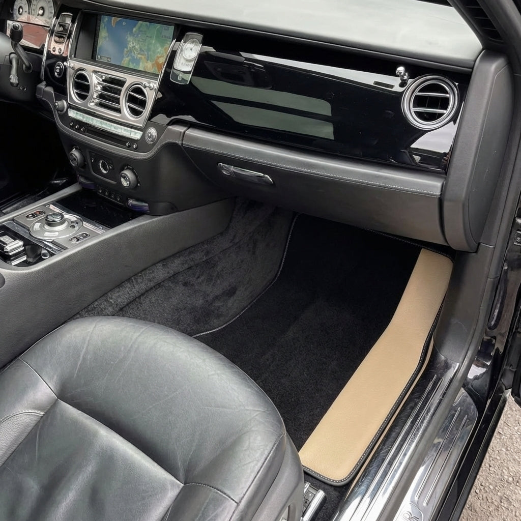 Custom Black Floor Mats for Rolls Royce Ghost Series II (2021-2024) With Beige Leather