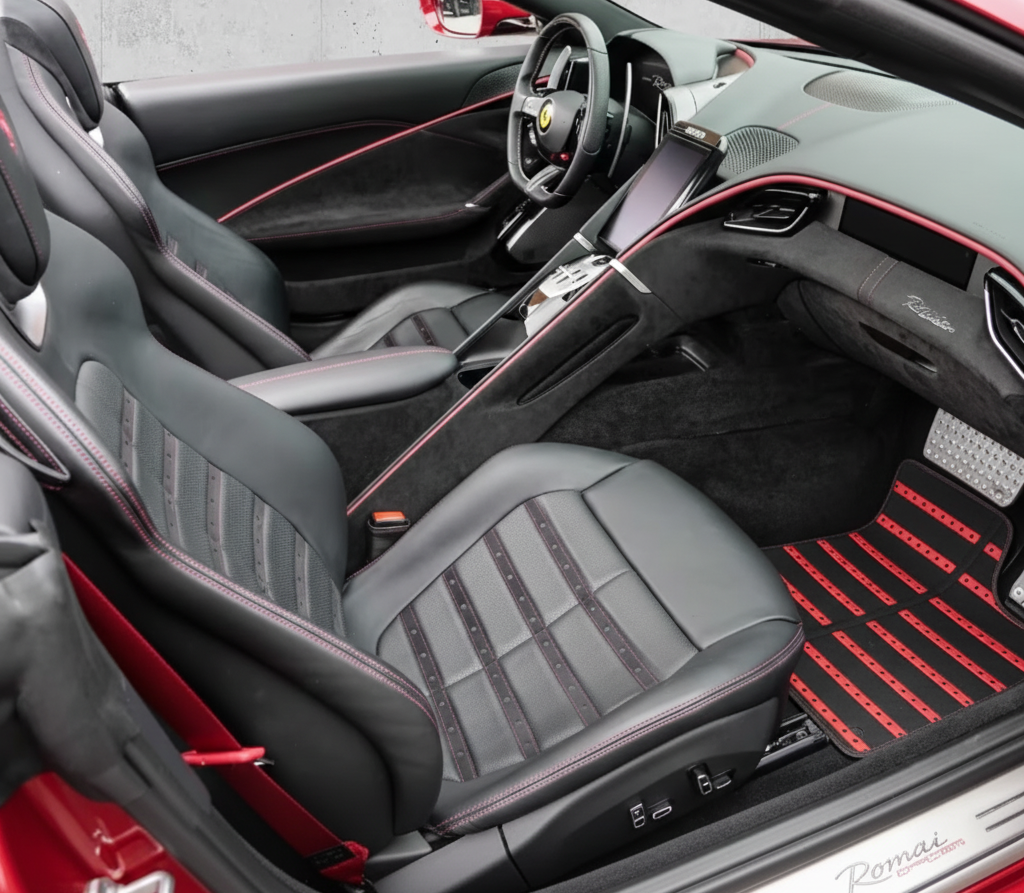 Black Floor Mats for Ferrari Roma (2021-2024) with Leather - AutoWin
