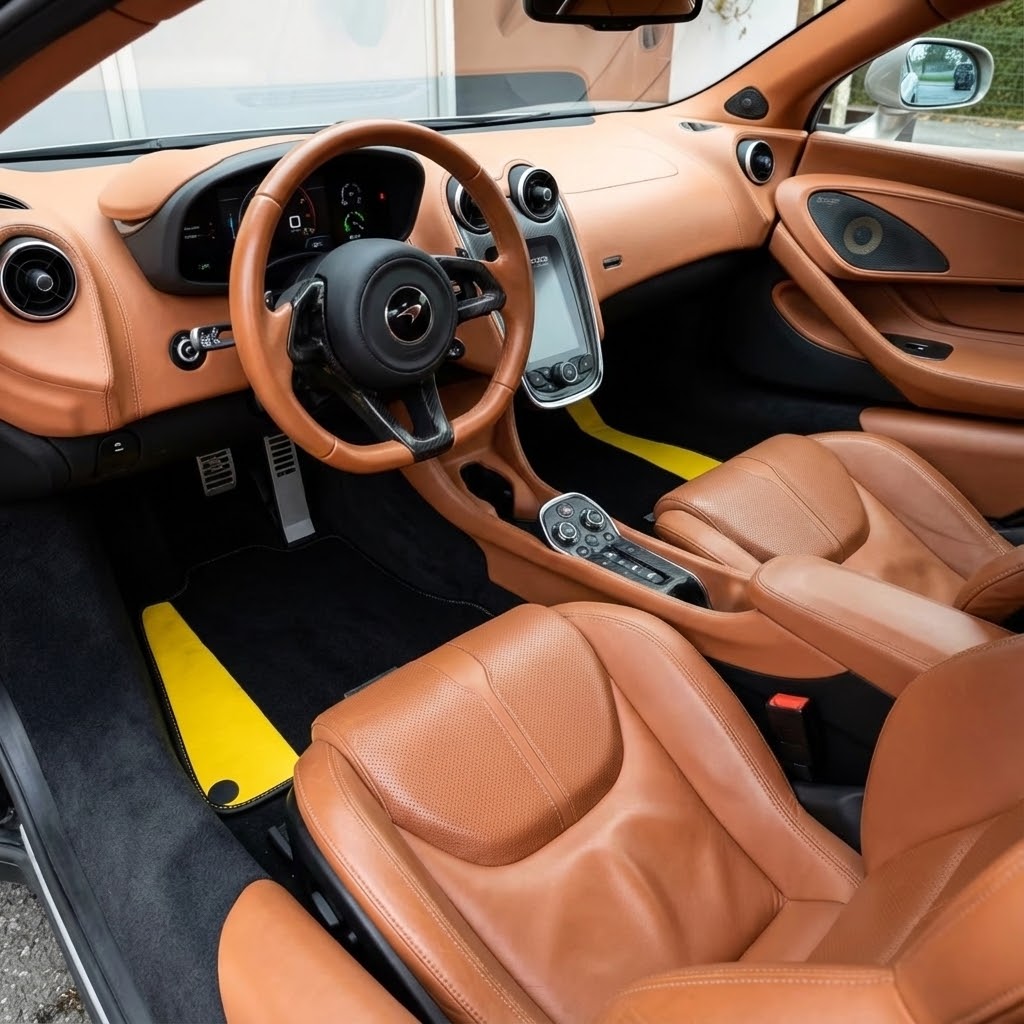 Czarne dywaniki samochodowe do McLaren 570S (2015-2021) z żółtą skórą
