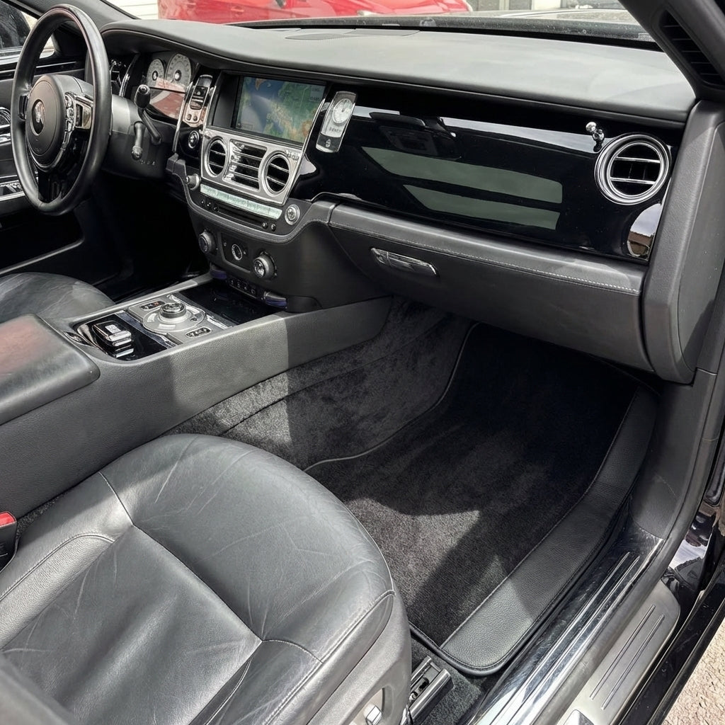 Custom Black Floor Mats for Rolls Royce Ghost Series II (2021-2024) With Black Leather