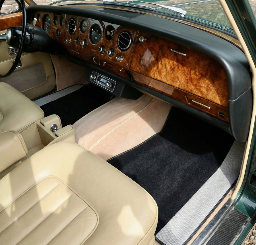 Czarne maty samochodowe do Rolls Royce Shadow 1965-1977 z szarymi skórzanymi krawędziami
