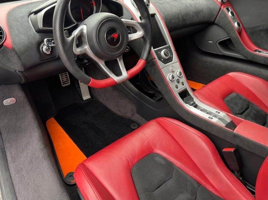 Black Floor Mats For McLaren MP4-12C (2011–2014) With Orange Alcantara Leather