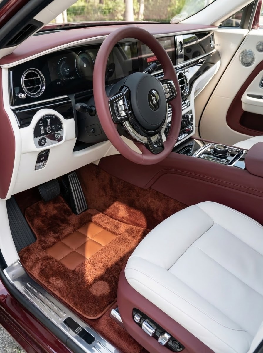 Brązowe Dywaniki samochodowe z owczej skóry do Rolls Royce Spectre (2023-2024) ER56 Design
