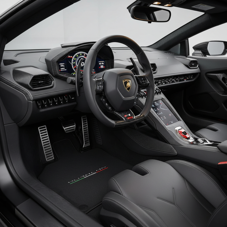 Dywaniki samochodowe dla Lamborghini Huracan z włoską flagą i logo Huracan