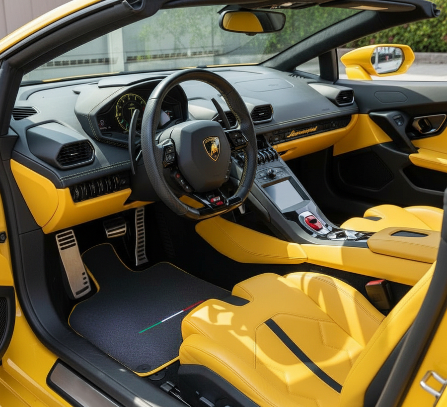 Szare dywaniki samochodowe do Lamborghini Huracan EVO z włoską flagą | Żółte wykończenie