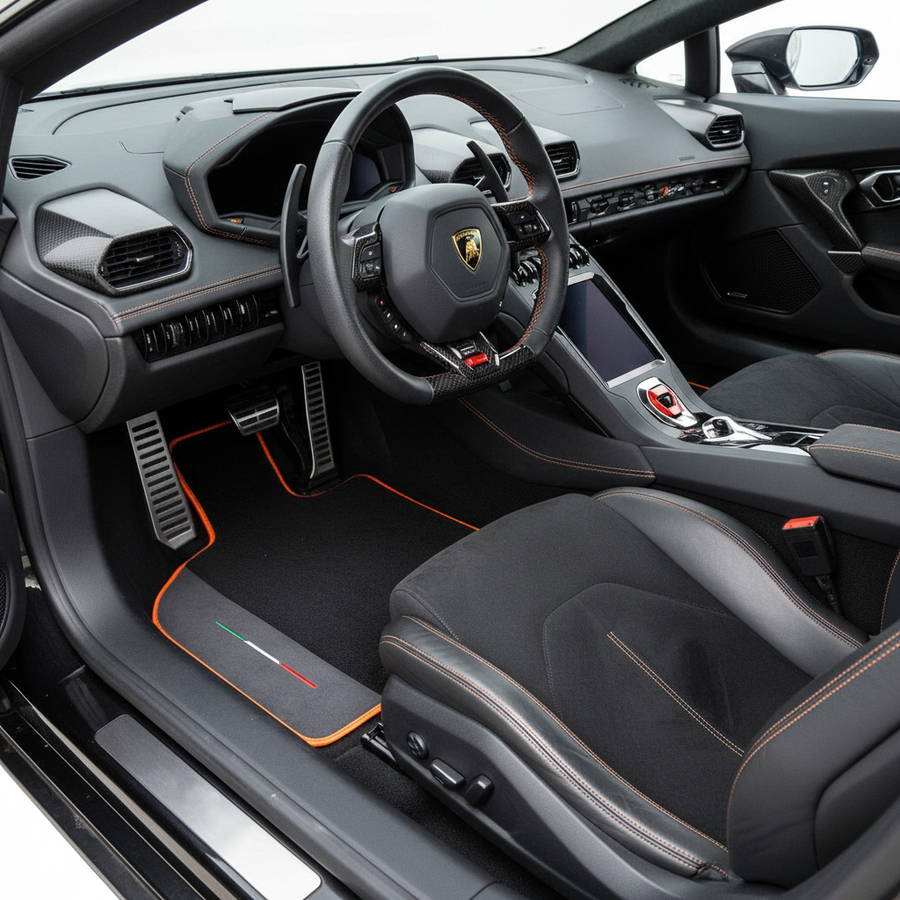 Czarne dywaniki samochodowe dla Lamborghini Huracan STO z czarną skórą i pomarańczowym wykończeniem