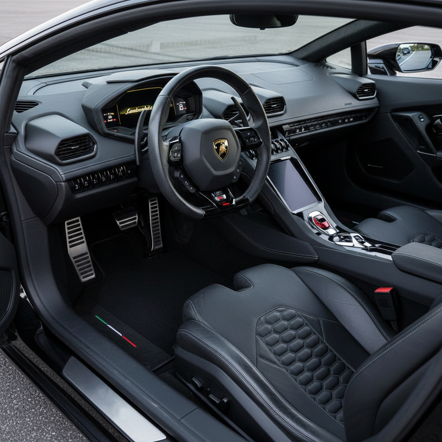 Czarne dywaniki samochodowe do Lamborghini Huracan STO ze skóry | Flaga włoska