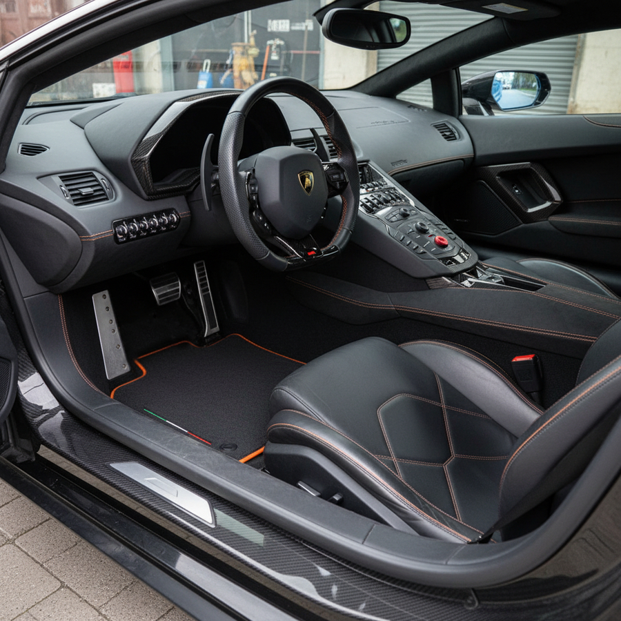Dostosowywane dywaniki samochodowe dla Lamborghini Aventador | Pomarańczowe wykończenie