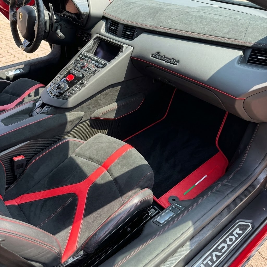 Personalizowane czarne dywaniki samochodowe do Lamborghini Aventador z czerwonym skórą
