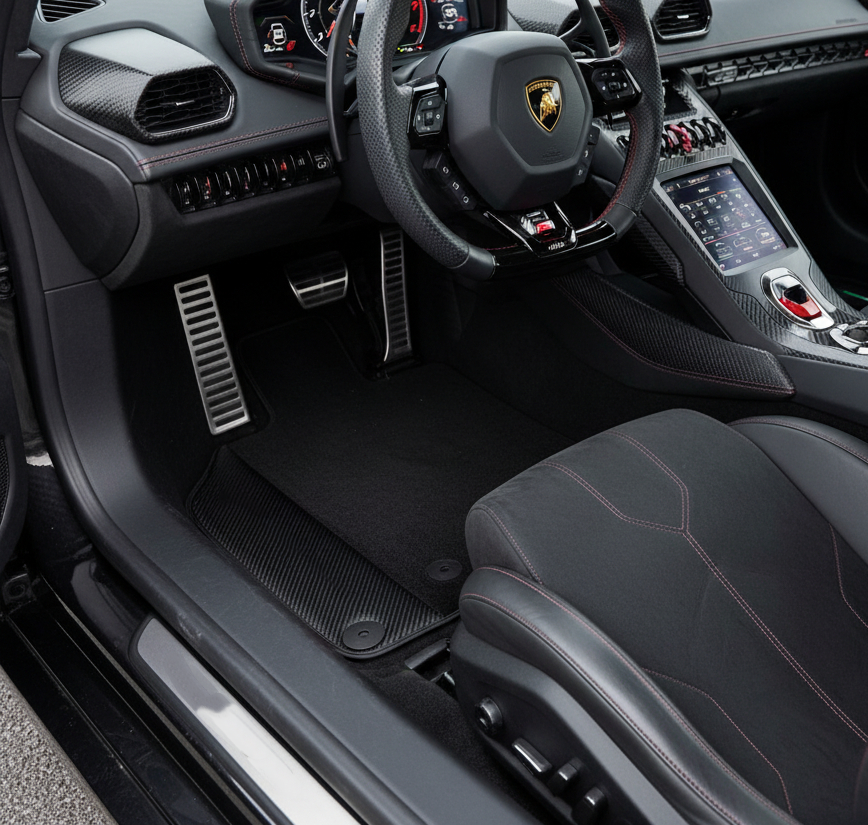 Niestandardowe czarne dywaniki samochodowe do Lamborghini Huracan EVO 2019-2024 z ramkami ze skóry węglowej