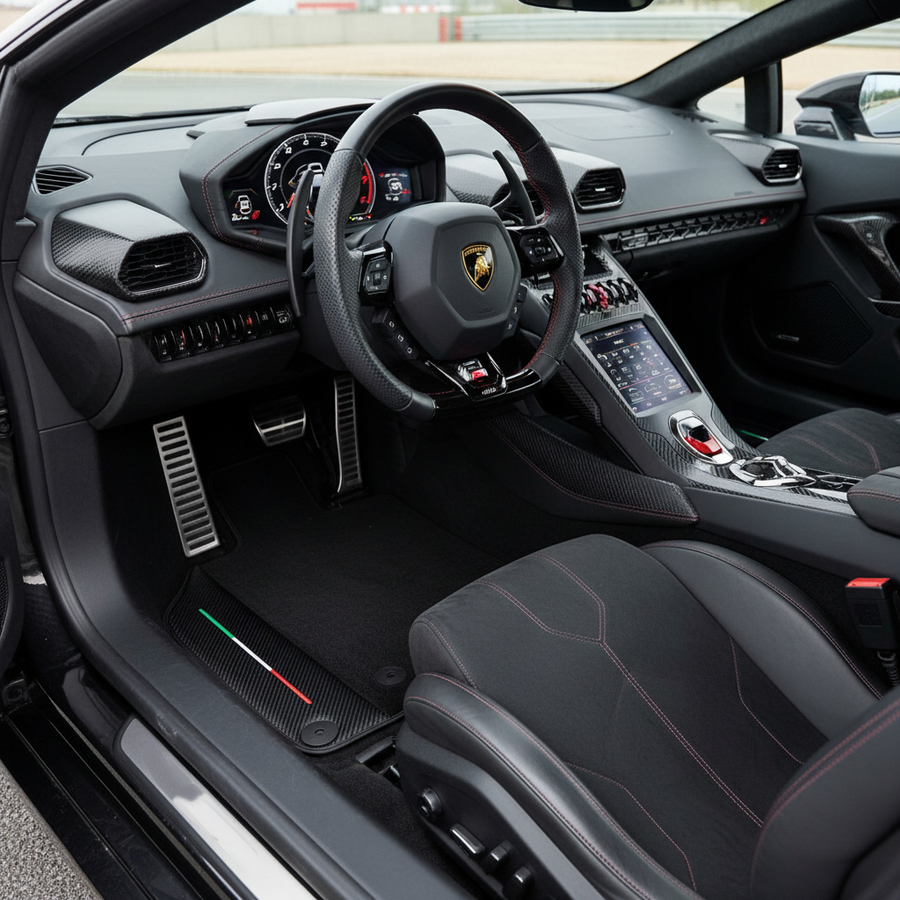 Personalizowane czarne dywaniki samochodowe do Lamborghini Huracan EVO 2019-2024 z krawędziami ze skóry węglowej
