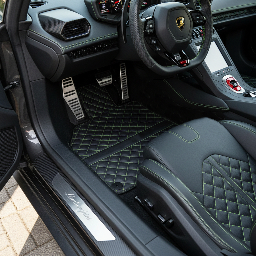 Spersonalizowane czarne dywaniki skórzane do Lamborghini Huracan Perfomante | Zielone przeszycia