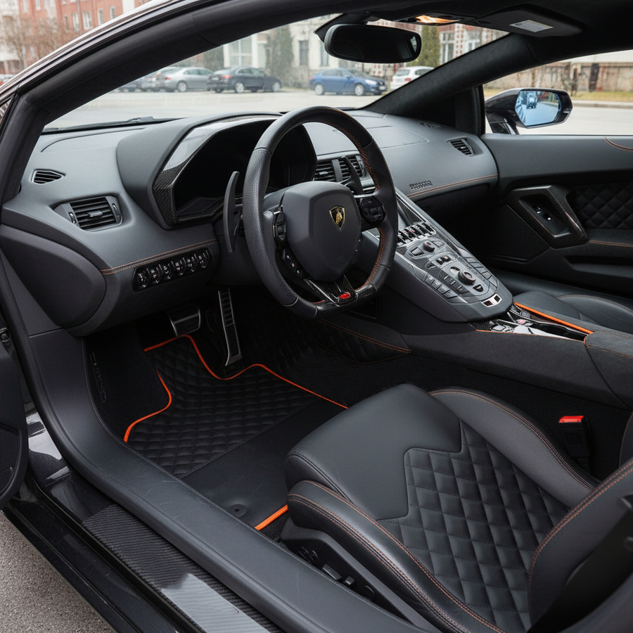 Dywaniki samochodowe na wymiar czarne skórzane dla Lamborghini Aventador z pomarańczowym wykończeniem