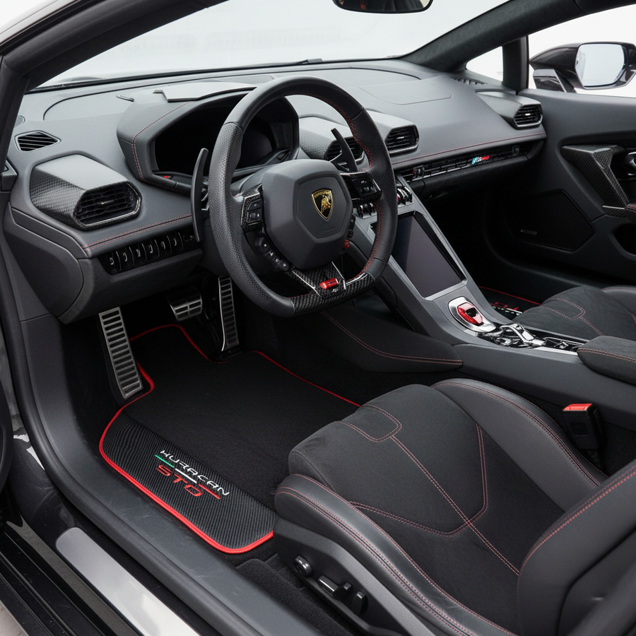 Czarne dywaniki samochodowe dla Lamborghini Huracan STO z skórą z włókna węglowego | Czerwany brzeg