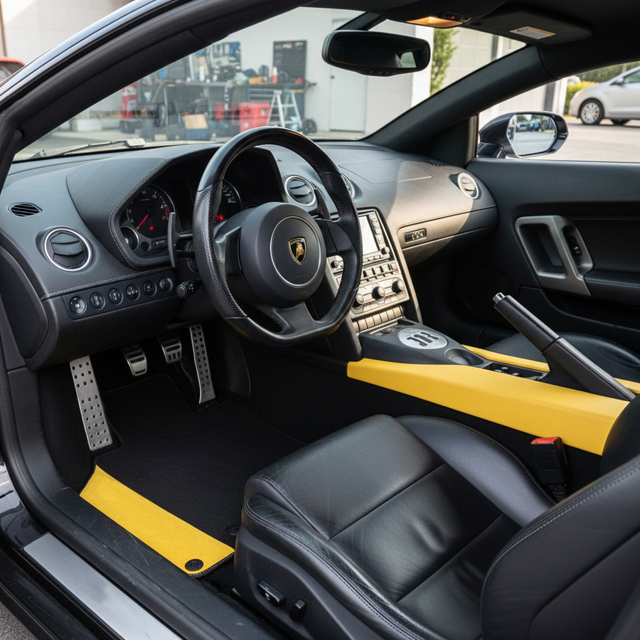 Spersonalizowane czarne maty samochodowe do Lamborghini Gallardo z żółtą skórą Alcantara