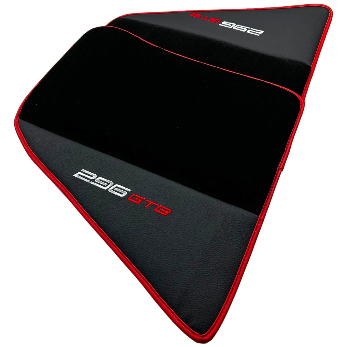 Black Floor Mats for Ferrari 296 GTB (2022-2027) with Leather and Red Trim - AutoWin