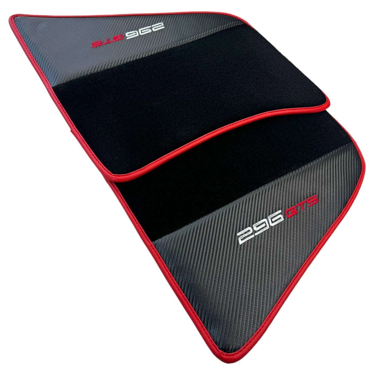Black Floor Mats for Ferrari 296 GTS (2022-2027) with Carbon Fiber | Red Trim - AutoWin