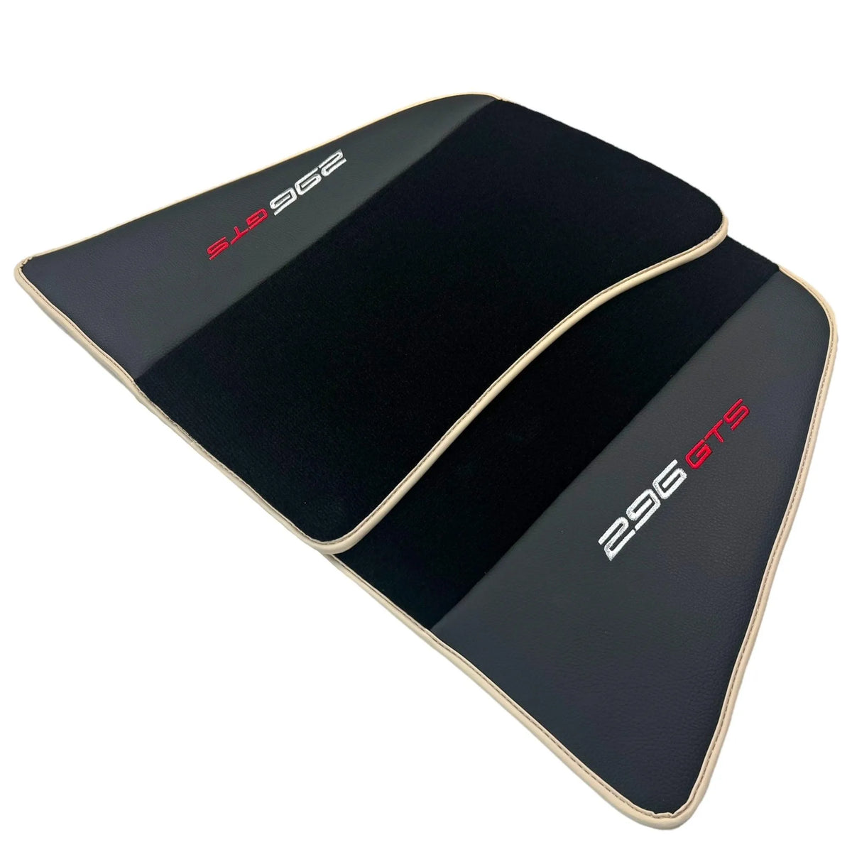 Black Floor Mats for Ferrari 296 GTS (2022-2027) with Leather and Beige Trim - AutoWin