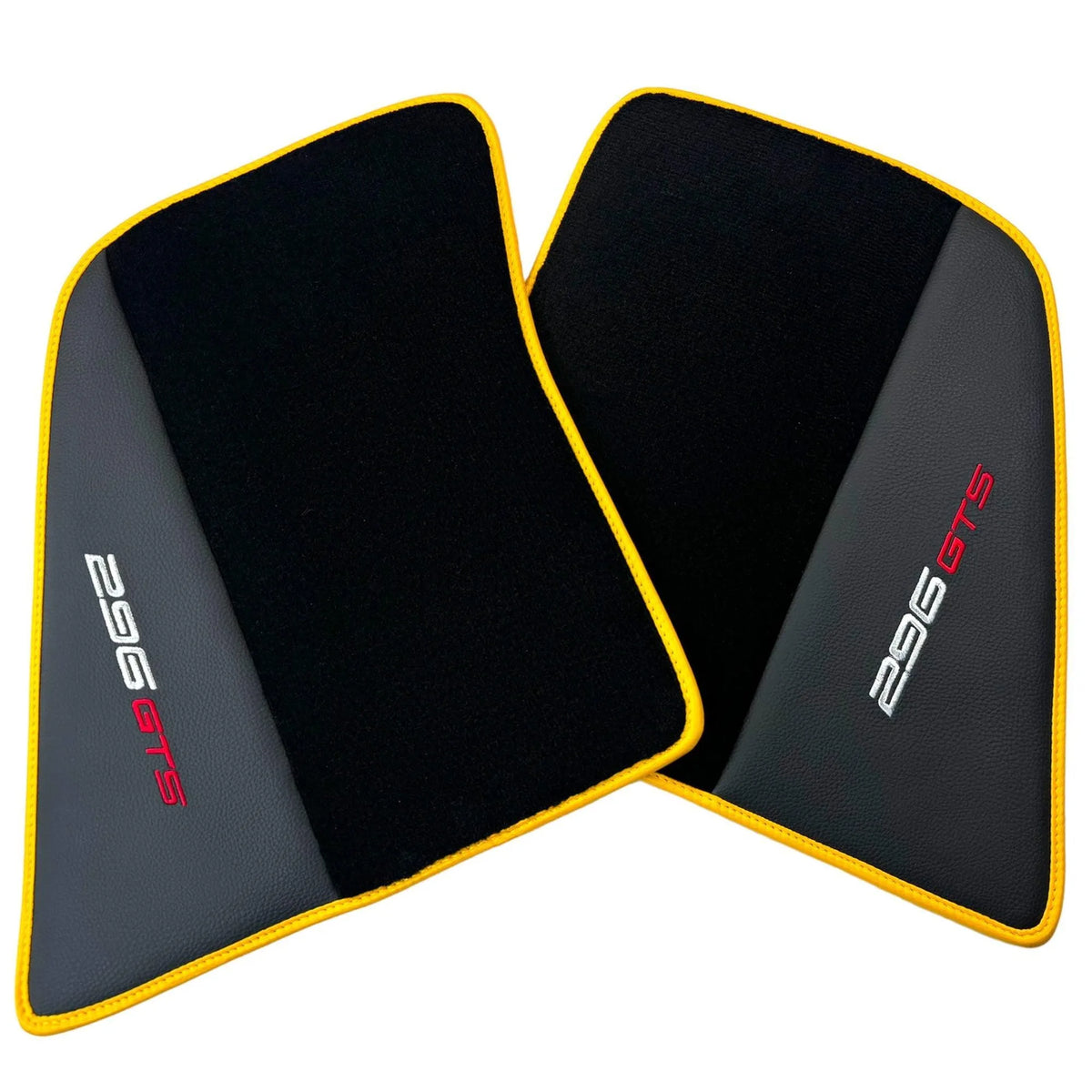 Black Floor Mats for Ferrari 296 GTS (2022-2027) with Leather and Yellow Trim - AutoWin