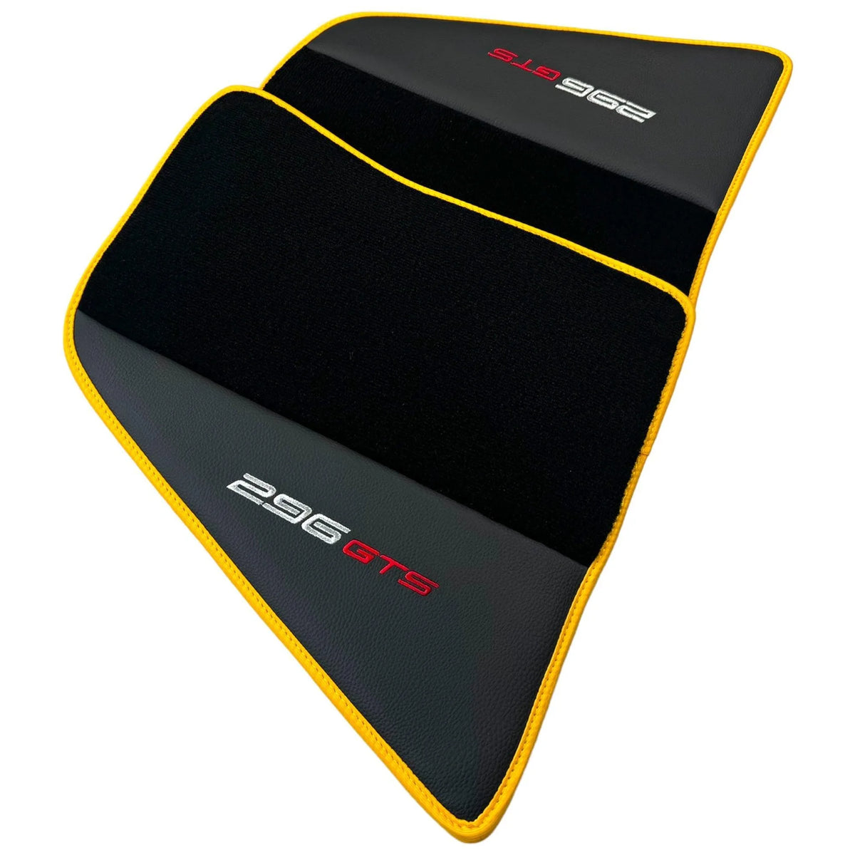 Black Floor Mats for Ferrari 296 GTS (2022-2027) with Leather and Yellow Trim - AutoWin