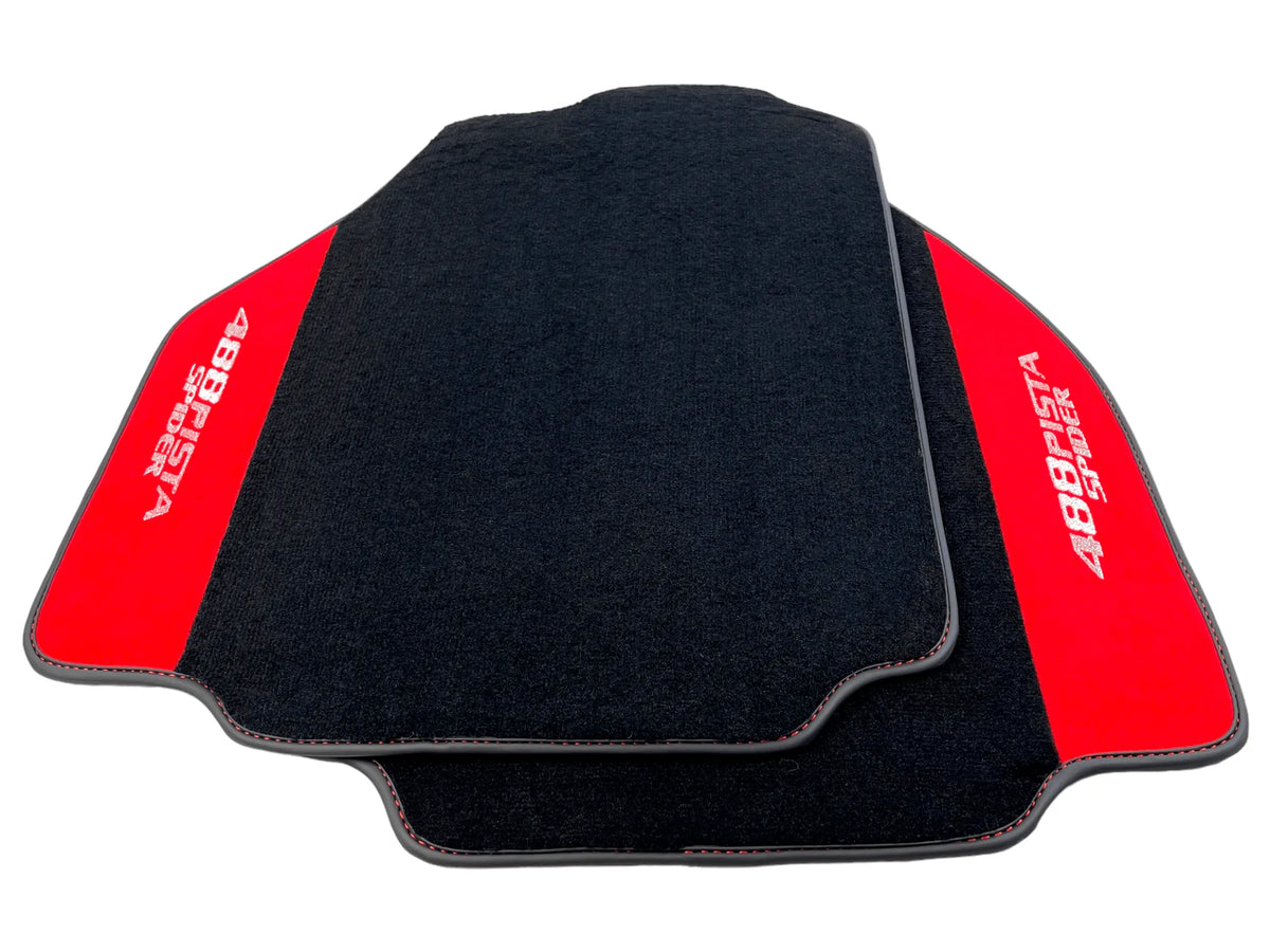 Black Floor Mats For Ferrari 488 Pista Spider 2019-2021 With Red Alcantara Leather