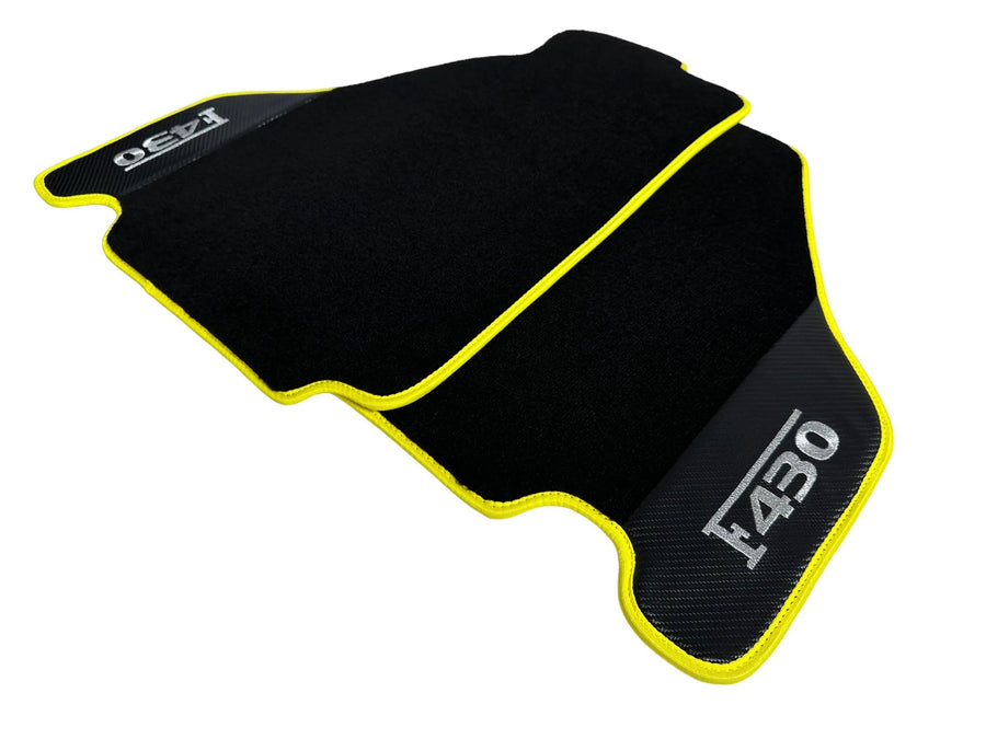Black Floor Mats For Ferrari F430 2004-2009 With Carbon Fiber Leather Yellow Trim - AutoWin