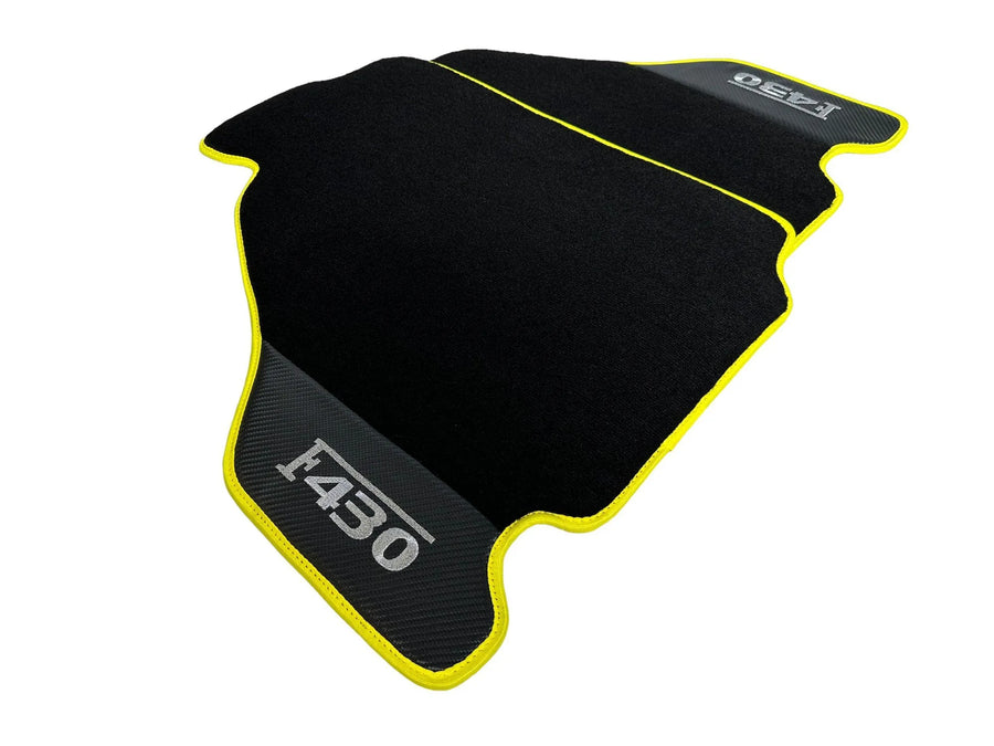 Black Floor Mats For Ferrari F430 2004-2009 With Carbon Fiber Leather Yellow Trim - AutoWin