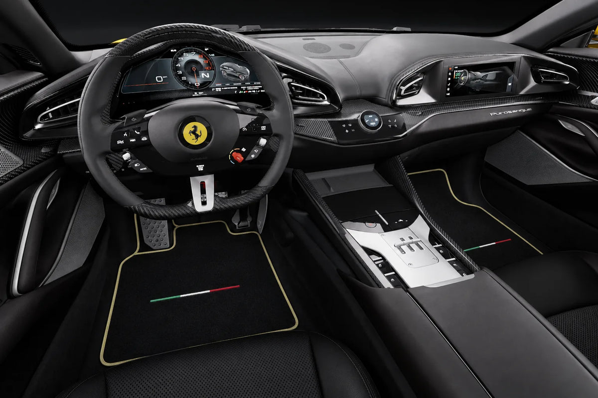 Black Floor Mats for Ferrari Purosangue (2023-2027) IT Flag | Various Trim Colors inside the vehicle