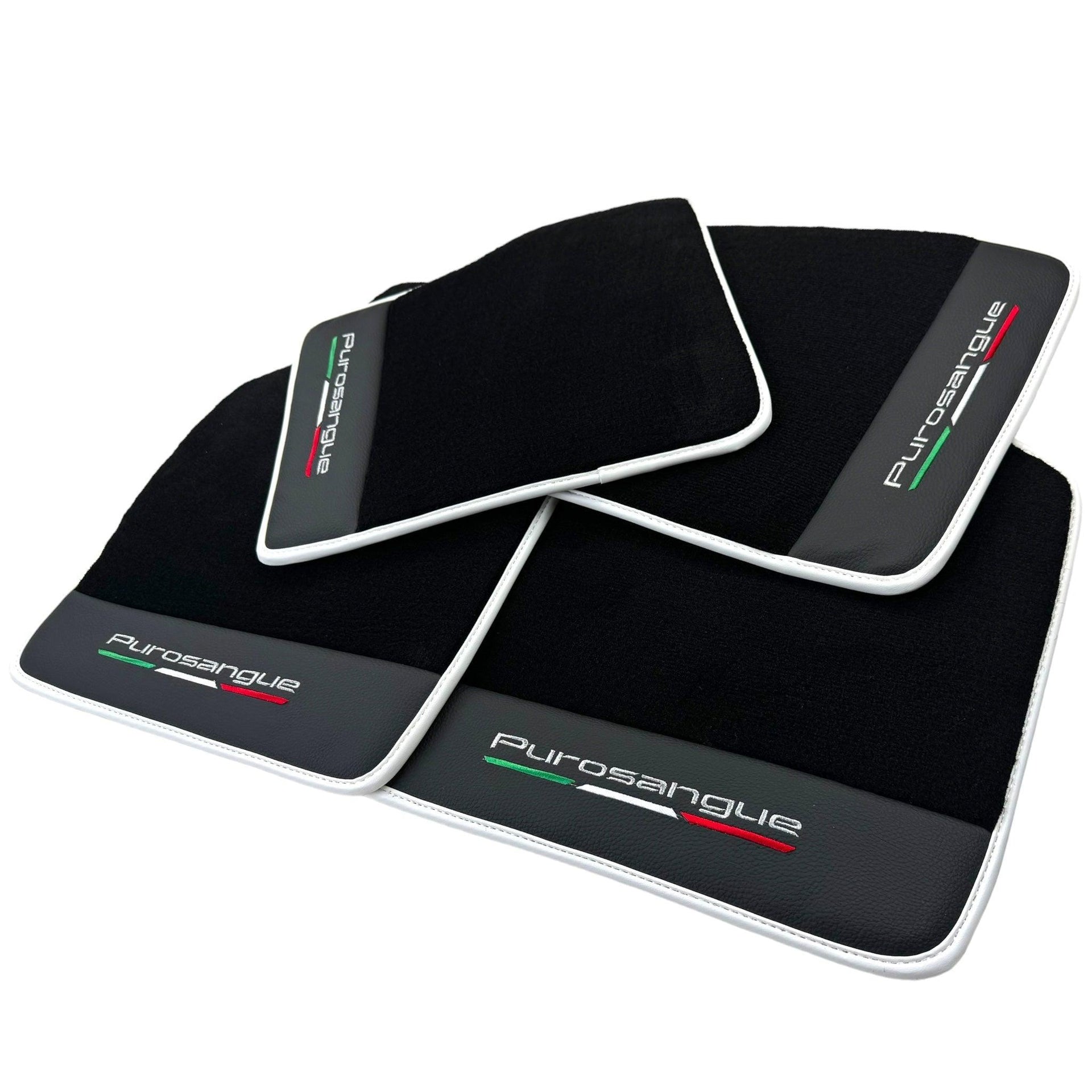 Black Floor Mats for Ferrari Purosangue with Leather and White Trim | Italian Edition - AutoWin