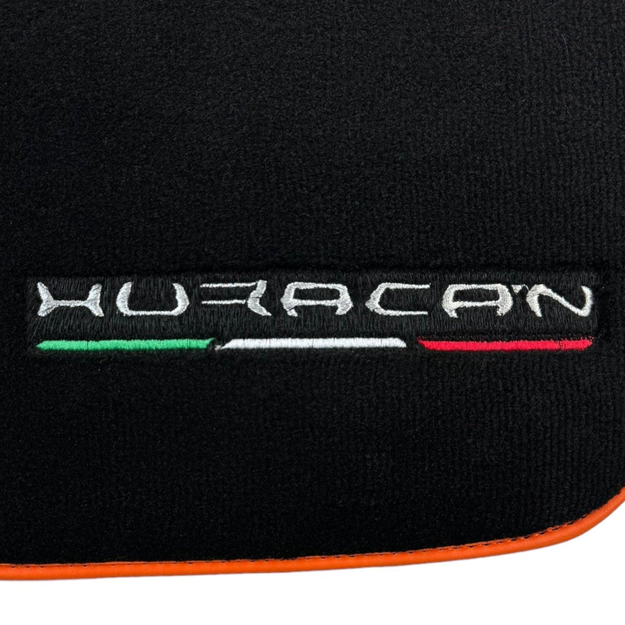 Black Floor Mats for Lamborghini Huracan (2014-2023) with Orange Leather Trim - AutoWin