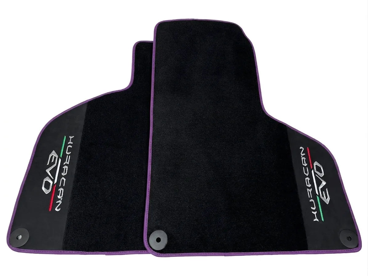 Black Floor Mats for Lamborghini Huracan EVO (2019-2024) with Black Alcantara Leather Purple trim