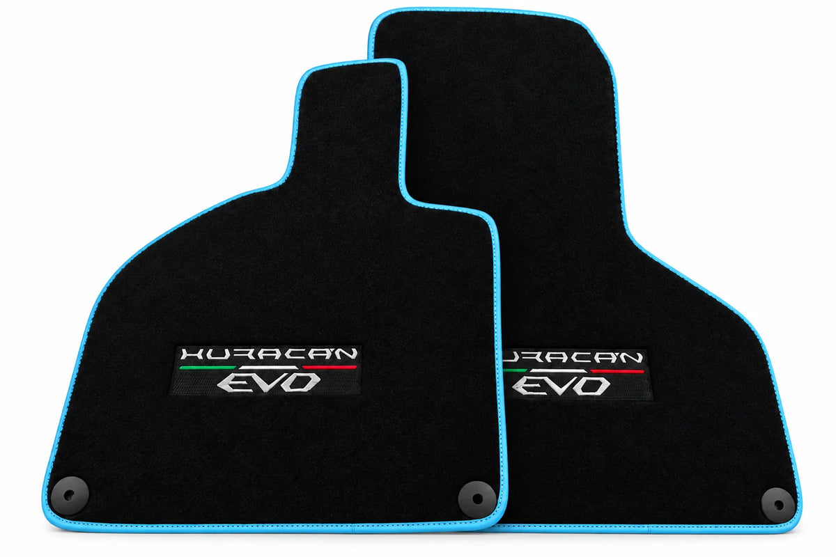 Black Floor Mats for Lamborghini Huracan EVO (2019-2024) with White Trim Light Blue trim
