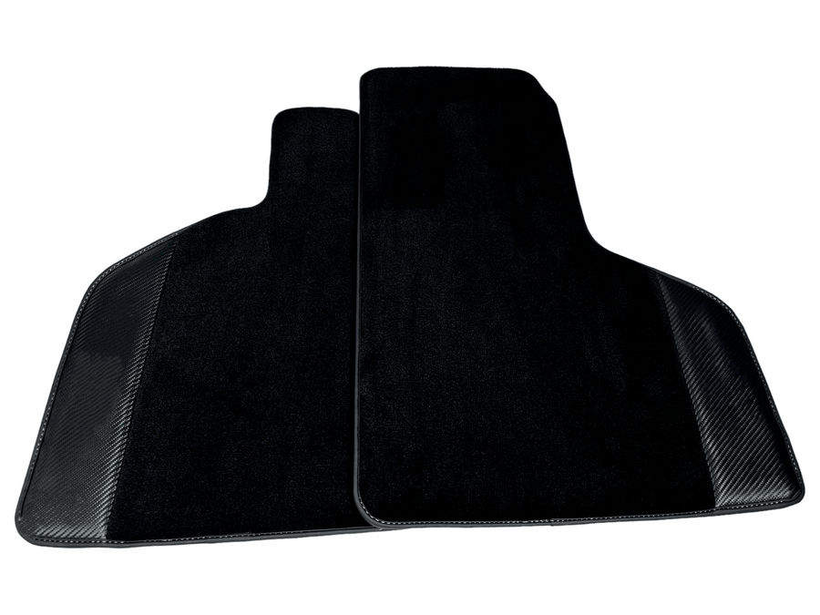 Custom Black Floor Mats for Lamborghini Huracan STO With Carbon Fiber Leather Orange Sewing
