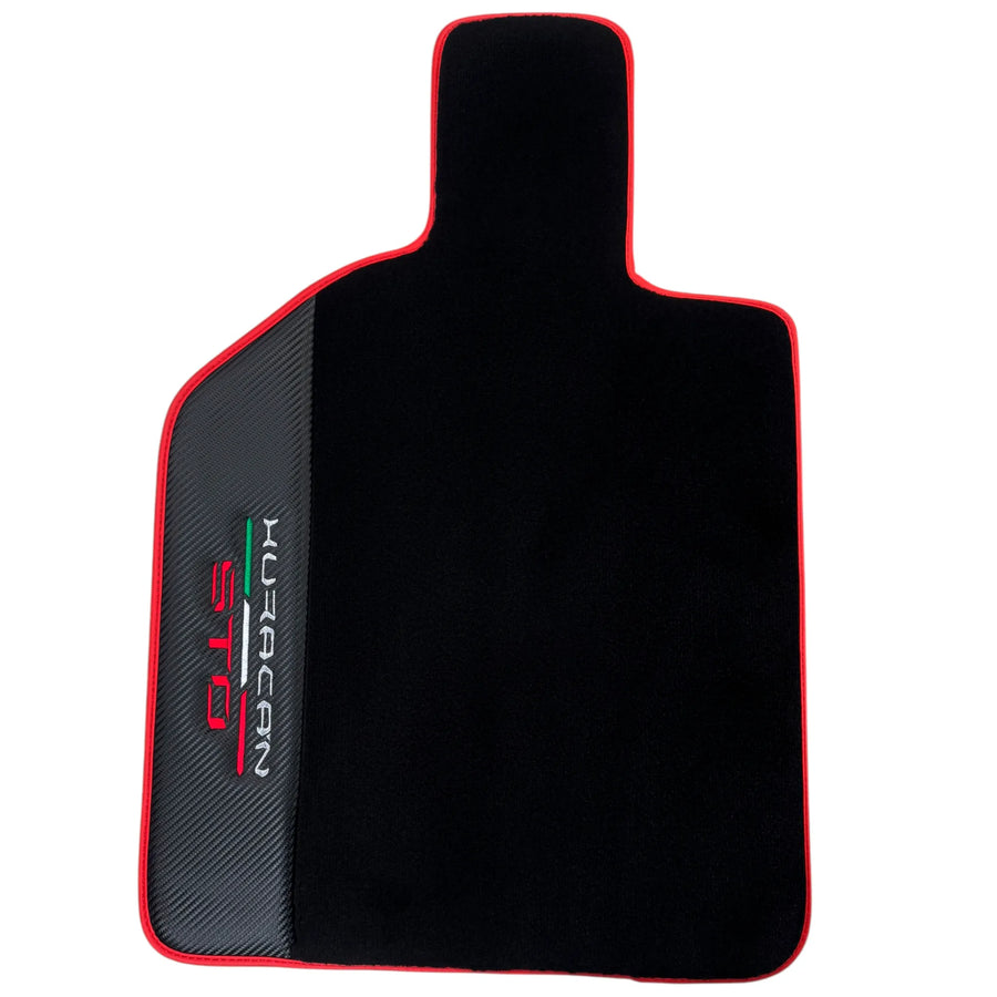 Black Floor Mats for Lamborghini Huracan STO with Carbon Fiber Leather | Red Trim