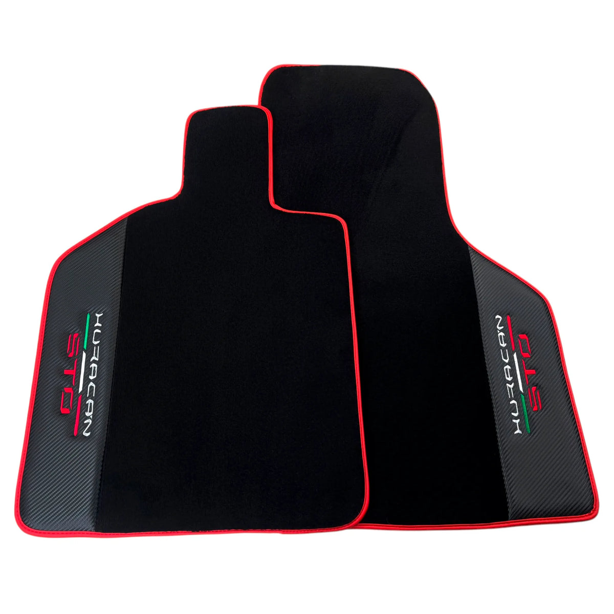 Black Floor Mats for Lamborghini Huracan STO with Carbon Fiber Leather | Red Trim