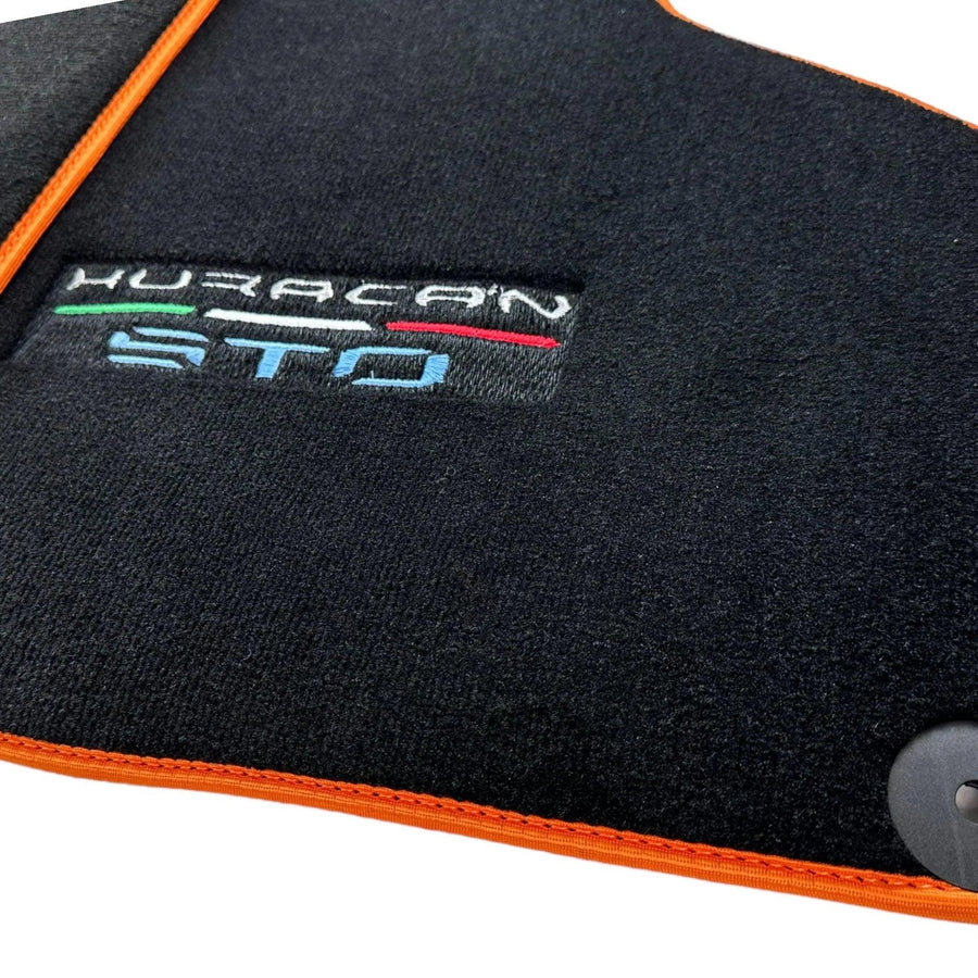 Black Floor Mats for Lamborghini Huracan STO with Orange Trim - AutoWin